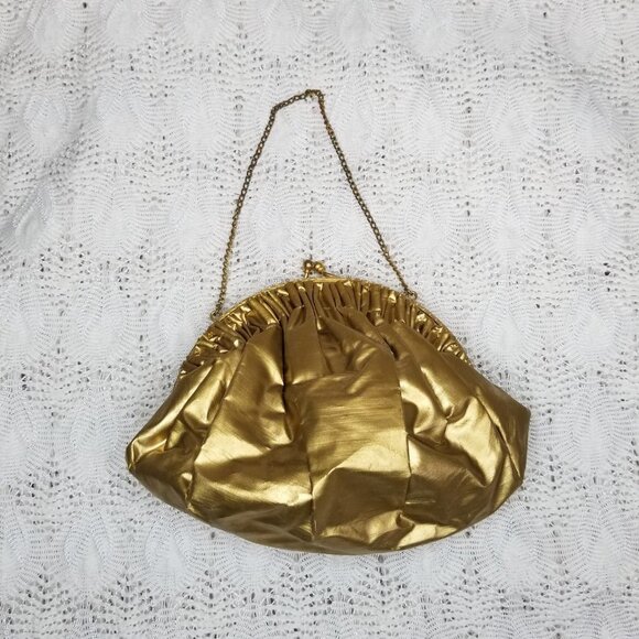 Vintage gold evening bag tiny 6" x 4.5" gold chain w/ kiss clasp pleated FLAW - Picture 12 of 12
